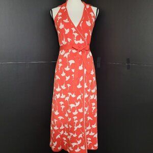 Women's Collared Sleeveless Ginkgo Cherry Tomato Sweaterknit Midi Wrap Dress XXS
